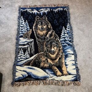 Fieldcrest Woven Wolf Throw Blanket 100% Cotton Fringed Tapestry 46x68 USA Made